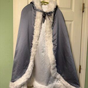 Girls Silver Satin-feel Faux Fur Trimmed Cape With Hood and Bow, Size 38 (8-12?)